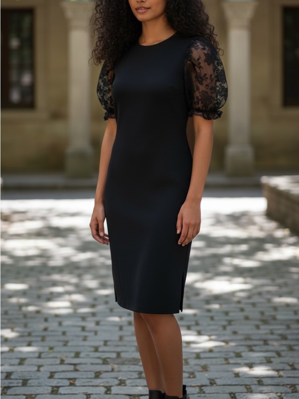 Popular Basics Black Midi Dress with Floral Sheer Puff Sleeves